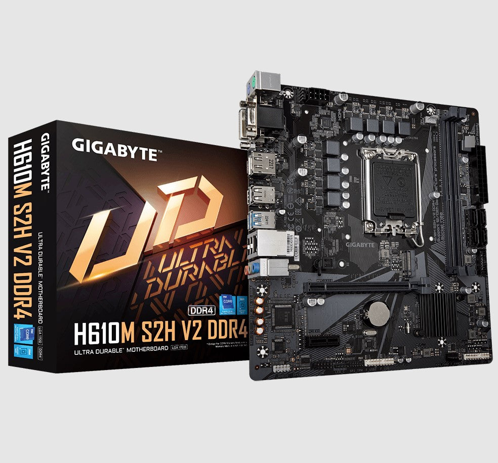 Gigabyte H610M S2H V2 DDR4 Motherboard with 6+1+1 Hybrid Phases Digital VRM Design, PCIe 4.0* Design, Gen3 x4 M.2, DisplayPort / HDMI Gigabyte H610M S2H V2 DDR4 Motherboard with 6+1+1 Hybrid Phases Digital VRM Design, PCIe 4.0* Design, Gen3 x4 M.2, DisplayPort / HDMI